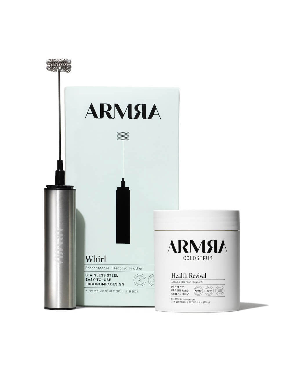 ARMRA product set including a whirl and a jar on a white background