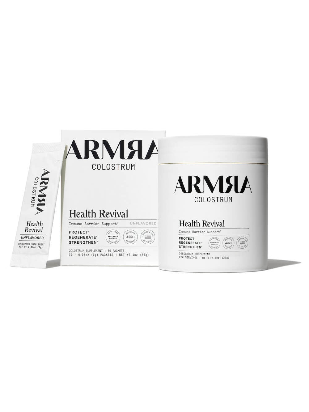 ARMRA Colostrum health revival product packaging on a white background