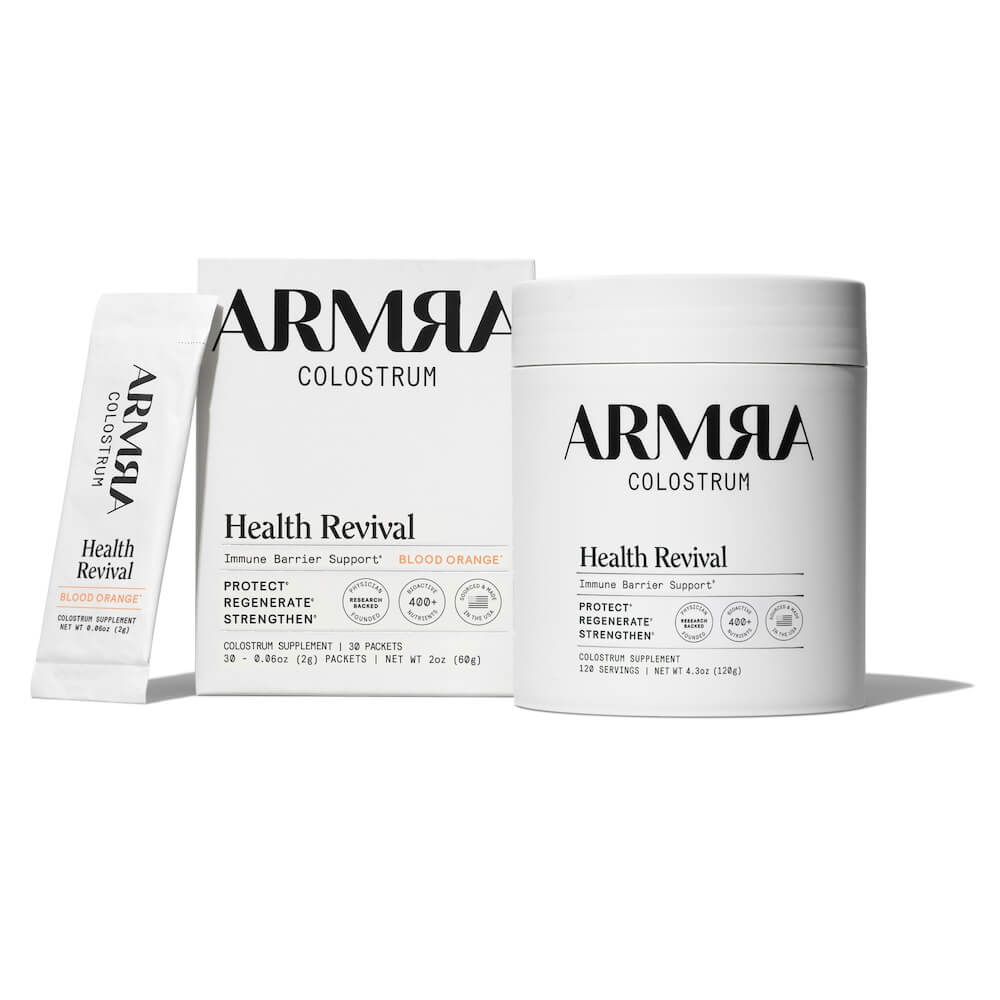 ARMRA Colostrum health revival product packaging on a white background
