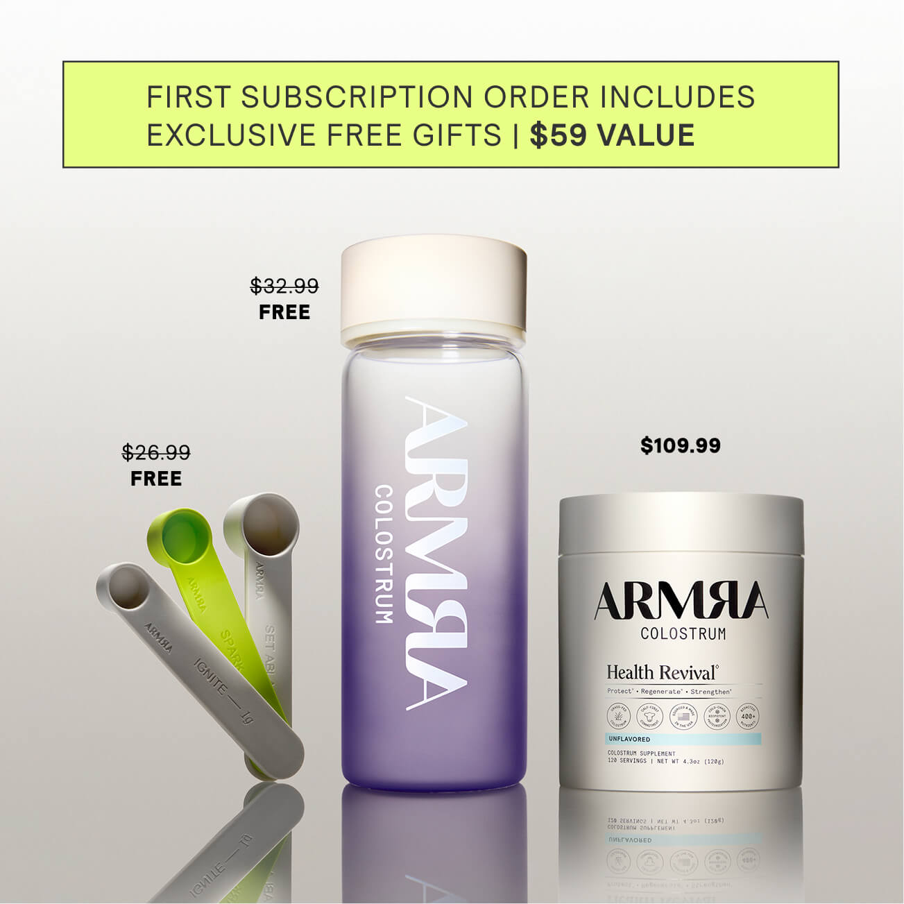 A scoop arsenal, carafe, and ARMRA Health Revival on a gradient background. 