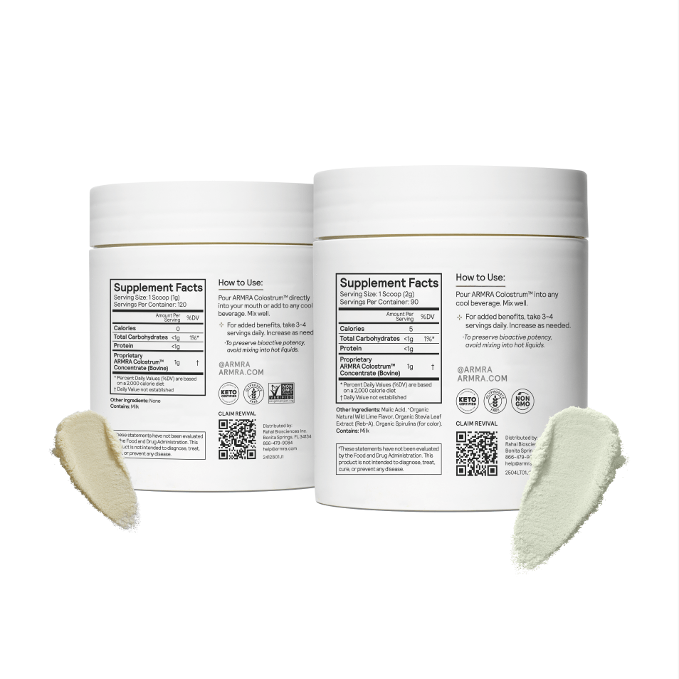 Back of ARMRA Unflavored and Wild Lime with powder swatches